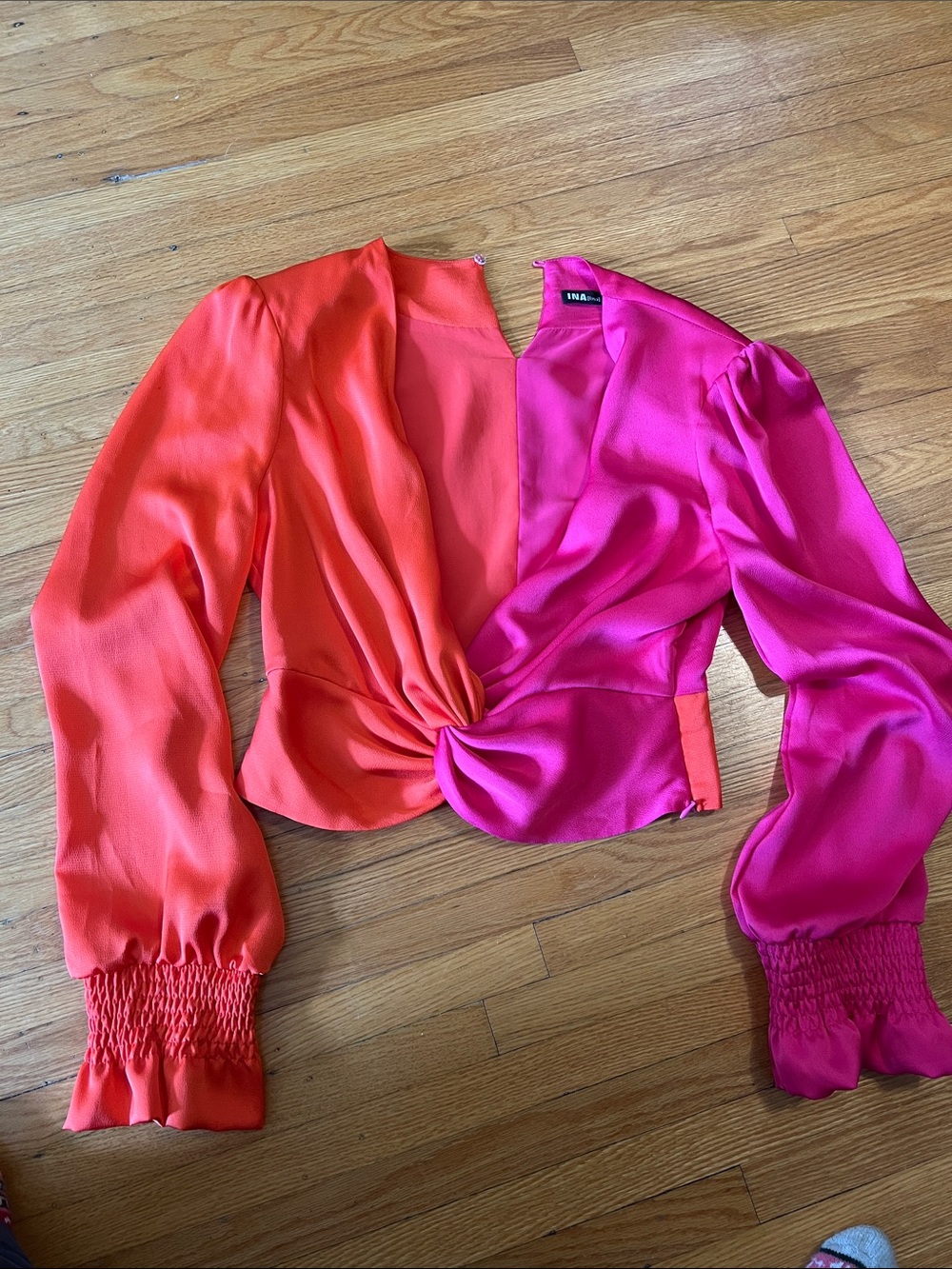 INA Goegeous Bright Pink and Coral Twist-Detail Blouse
